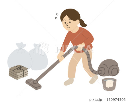 年末大掃除断捨離　掃除機をかける女性のイラスト 130974503