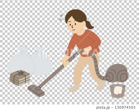 年末大掃除断捨離　掃除機をかける女性のイラスト 130974503