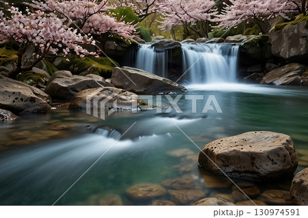 滝と桜のある風景 130974591