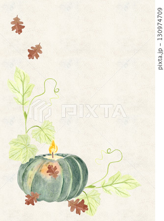 Pumpkin candle with green vine leaves watercolor on textured paper. Cozy autumn harvest composition perfect for Thanksgiving, Halloween cards, home decor, rustic seasonal posters, botanical designs Pumpkin candle with green vine leaves watercolor on textured paper. Cozy autumn harvest composition perfect for Thanksgiving, Halloween cards, home decor, rustic seasonal posters, botanical designs 130974709