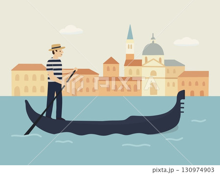 イタリアの観光名所ヴェネツィアの風景イラスト　ゴンドラ 130974903