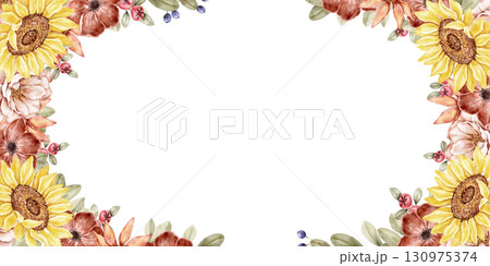 Watercolor horizontal floral frame with roses, sunflowers, and wildflowers in warm peach and burgundy shades. Perfect for wedding invitations, banners, and branding. Part of golden hour set. Watercolor horizontal floral frame with roses, sunflowers, and wildflowers in warm peach and burgundy shades. Perfect for wedding invitations, banners, and branding. Part of golden hour set. 130975374