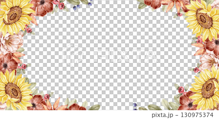 Watercolor horizontal floral frame with roses, sunflowers, and wildflowers in warm peach and burgundy shades. Perfect for wedding invitations, banners, and branding. Part of golden hour set. 130975374