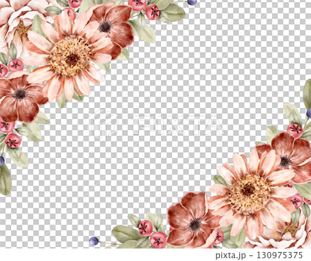 Corner floral watercolor frame with peonies, sunflowers, and autumn flowers in warm tones. Perfect for stationery, invitations, posters, and seasonal branding. Part of golden hour set. Corner floral watercolor frame with peonies, sunflowers, and autumn flowers in warm tones. Perfect for stationery, invitations, posters, and seasonal branding. Part of golden hour set. 130975375