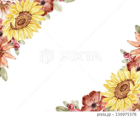 Corner floral watercolor frame with peonies, sunflowers, and autumn flowers in warm tones. Perfect for stationery, invitations, posters, and seasonal branding. Part of golden hour set. Corner floral watercolor frame with peonies, sunflowers, and autumn flowers in warm tones. Perfect for stationery, invitations, posters, and seasonal branding. Part of golden hour set. 130975376