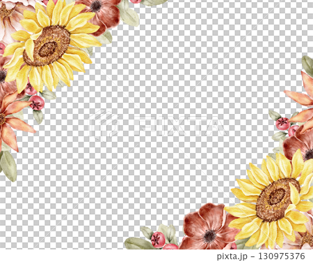 Corner floral watercolor frame with peonies, sunflowers, and autumn flowers in warm tones. Perfect for stationery, invitations, posters, and seasonal branding. Part of golden hour set. Corner floral watercolor frame with peonies, sunflowers, and autumn flowers in warm tones. Perfect for stationery, invitations, posters, and seasonal branding. Part of golden hour set. 130975376