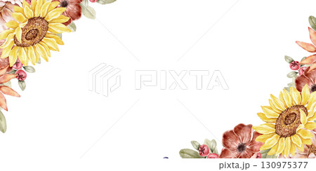Corner floral watercolor long frame with peonies, sunflowers, and autumn flowers in warm tones. Perfect for stationery, invitations, posters, and seasonal branding. Part of golden hour set. Corner floral watercolor long frame with peonies, sunflowers, and autumn flowers in warm tones. Perfect for stationery, invitations, posters, and seasonal branding. Part of golden hour set. 130975377