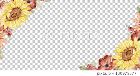 Corner floral watercolor long frame with peonies, sunflowers, and autumn flowers in warm tones. Perfect for stationery, invitations, posters, and seasonal branding. Part of golden hour set. Corner floral watercolor long frame with peonies, sunflowers, and autumn flowers in warm tones. Perfect for stationery, invitations, posters, and seasonal branding. Part of golden hour set. 130975377