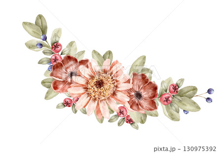Watercolor floral composition with peach, burgundy and sand toned blooms, sunflower and green foliage. Bouquet illustration for wedding, stationery and seasonal prints, part of Golden Hour set. 130975392