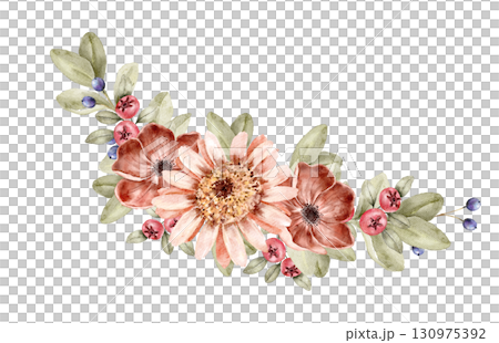 Watercolor floral composition with peach, burgundy and sand toned blooms, sunflower and green foliage. Bouquet illustration for wedding, stationery and seasonal prints, part of Golden Hour set. 130975392