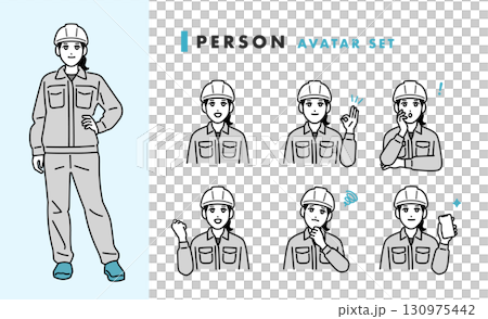 Avatar set of a woman wearing a helmet and work clothes Avatar set of a woman wearing a helmet and work clothes 130975442