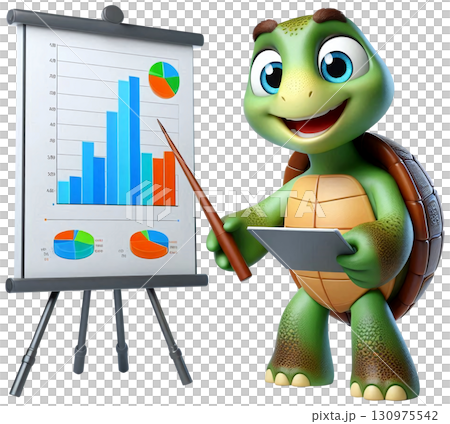 A cartoon turtle giving a presentation with charts 130975542