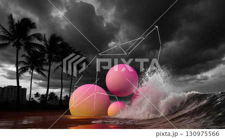 Surreal Beach with Neon Spheres 130975566