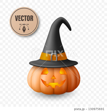 Vector Halloween Pumpkin with Witch Hat. Glowing Jack-o-Lantern with Spooky Smile and Witch Hat for Halloween Party Decor. Halloween Digital Clipart 130975691