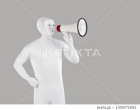 Faceless person wearing white spandex costume shouting in megaphone making announcement. 130975892