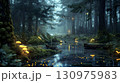 幻想的に輝く森の小川と光るキノコ 130975983