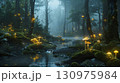 幻想的に光るキノコと霧の森の小川 130975984