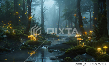 幻想的に光るキノコと霧の森の小川 幻想的に光るキノコと霧の森の小川 130975984