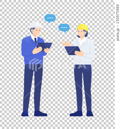 タブレットを使って打ち合わせをする建設現場のチーム 130975989