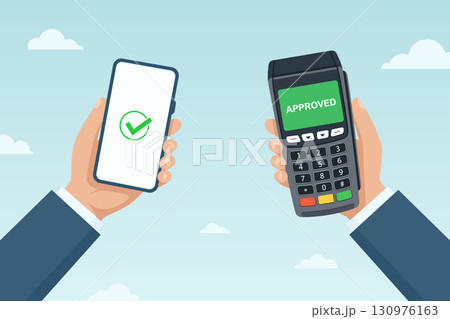 Flat Cartoon Hands Holding Smartphone and POS Terminal, Vector Illustration. Contactless Mobile Payment Process, Secure Payment Confirmation, NFC Transaction Technology, Cashless Purchase Concept Flat Cartoon Hands Holding Smartphone and POS Terminal, Vector Illustration. Contactless Mobile Payment Process, Secure Payment Confirmation, NFC Transaction Technology, Cashless Purchase Concept 130976163