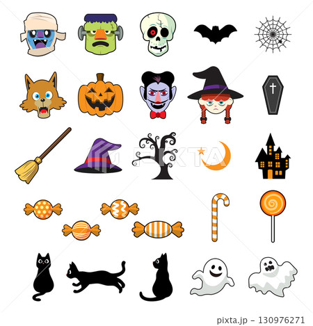 ゾンビや幽霊など、様々なハロウィンのキャラクターとアイテム 130976271