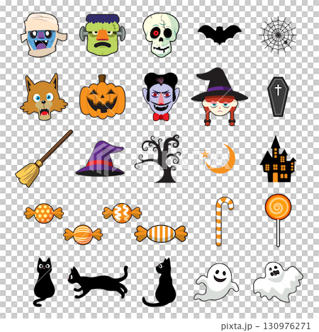 ゾンビや幽霊など、様々なハロウィンのキャラクターとアイテム 130976271