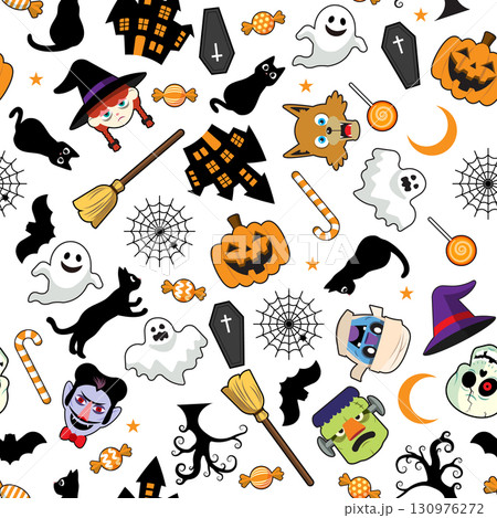 魔女やかぼちゃなど、ハロウィンのキャラクターとアイテムが散りばめられたパターン 130976272