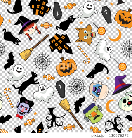 魔女やかぼちゃなど、ハロウィンのキャラクターとアイテムが散りばめられたパターン 130976272
