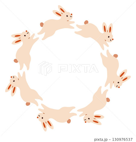Autumn rabbit circle frame. Round border made of doodle hand drawn fall elements. Arranged in a circle for stickers, banners, cards, ads. Vector flat isolated on white background. Autumn rabbit circle frame. Round border made of doodle hand drawn fall elements. Arranged in a circle for stickers, banners, cards, ads. Vector flat isolated on white background. 130976537