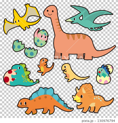 恐竜やその卵が可愛く描かれたキャラクターセット 130976794