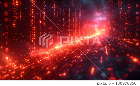 Glowing orange and red lights form a fiery abstract design against a dark background 130976850