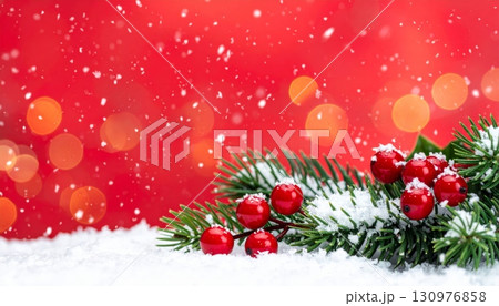 A vibrant red Christmas background with snowflakes and a decorated green fir tree, perfect for a festive holiday celebration A vibrant red Christmas background with snowflakes and a decorated green fir tree, perfect for a festive holiday celebration 130976858