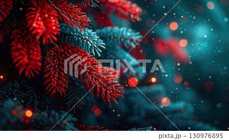 Green branches of a decorated Christmas fir tree with shiny ornaments and a gold star on top 130976895