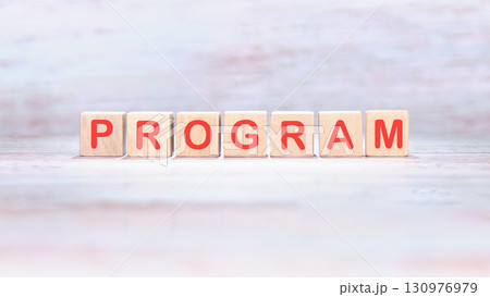 The concept word PROGRAM is made of wooden cubes on a light background. Loyalty Program Shopping concept The concept word PROGRAM is made of wooden cubes on a light background. Loyalty Program Shopping concept 130976979