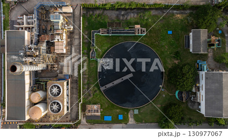 Aerial view wastewater treatment plant, Sustainable water management environment, Black water treatment tank with waste water, Circle circular water clarifier cleaning water. 130977067