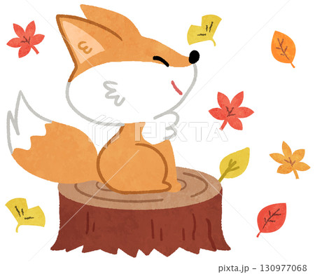 秋の紅葉のなか切り株に座るかわいいキツネの動物アイコンイラスト 130977068
