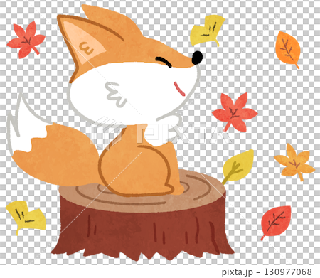 秋の紅葉のなか切り株に座るかわいいキツネの動物アイコンイラスト 130977068