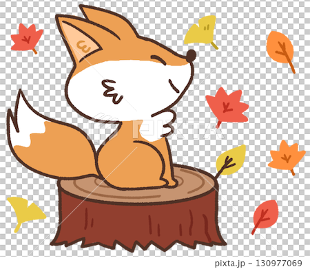 可愛的狐狸動物圖示插圖坐在秋葉中的樹樁上 130977069