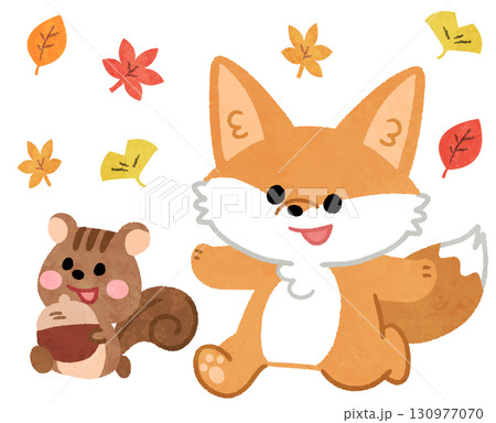 秋の紅葉のなかを歩くかわいいキツネとリスの動物アイコンイラスト 秋の紅葉のなかを歩くかわいいキツネとリスの動物アイコンイラスト 130977070