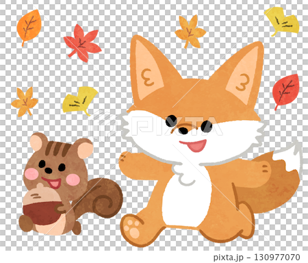 秋の紅葉のなかを歩くかわいいキツネとリスの動物アイコンイラスト 秋の紅葉のなかを歩くかわいいキツネとリスの動物アイコンイラスト 130977070