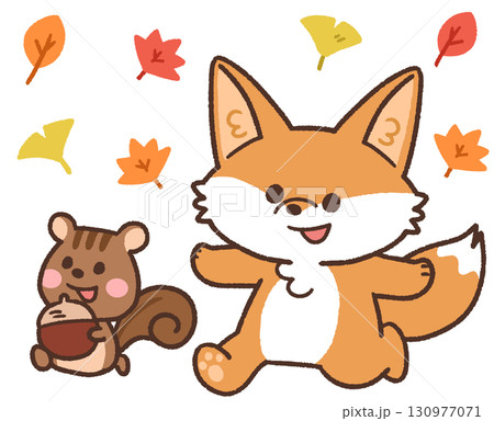 秋の紅葉のなかを歩くかわいいキツネとリスの動物アイコンイラスト 130977071