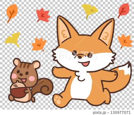 秋の紅葉のなかを歩くかわいいキツネとリスの動物アイコンイラスト 130977071