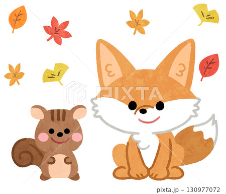 秋の紅葉のなかにいるかわいいキツネとリスの動物アイコンイラスト 秋の紅葉のなかにいるかわいいキツネとリスの動物アイコンイラスト 130977072