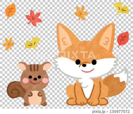 秋葉中可愛的狐狸和松鼠動物圖示插圖 130977072