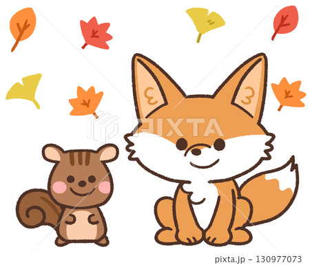 秋の紅葉のなかにいるかわいいキツネとリスの動物アイコンイラスト 130977073