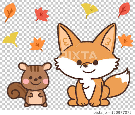 秋の紅葉のなかにいるかわいいキツネとリスの動物アイコンイラスト 130977073