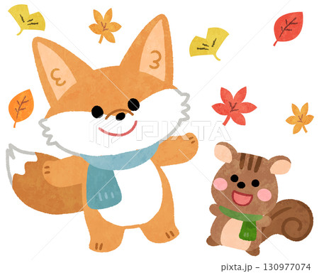 秋の紅葉のなかにいるかわいいキツネとリスの動物アイコンイラスト 秋の紅葉のなかにいるかわいいキツネとリスの動物アイコンイラスト 130977074