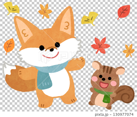 Cute fox and squirrel animal icon illustration among autumn leaves Cute fox and squirrel animal icon illustration among autumn leaves 130977074