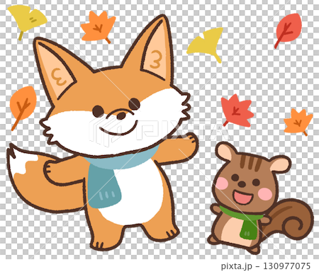 Cute fox and squirrel animal icon illustration among autumn leaves Cute fox and squirrel animal icon illustration among autumn leaves 130977075