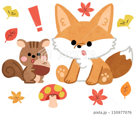 秋の紅葉のなかにいるかわいいキツネとリスの動物アイコンイラスト 秋の紅葉のなかにいるかわいいキツネとリスの動物アイコンイラスト 130977076